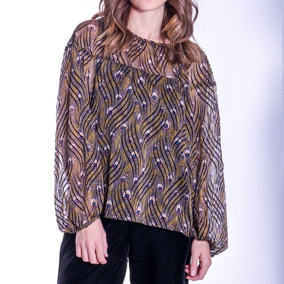 Traffic People Tops - Traffic People Blouse Long Sleeve Peacock Sheer S